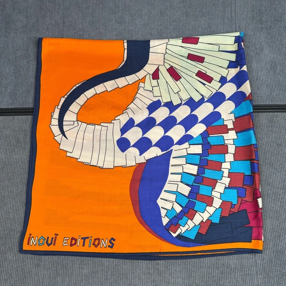 Vintage Inoui Editions Orange Abstract Graphic Print Square Silk Scarf 21x21